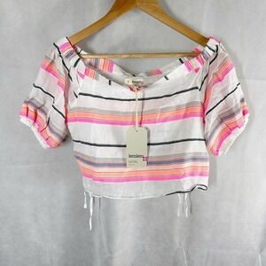 Lemlem by Liya Kebede Cotton Gauze Striped Off Shoulder Crop Top Size Medium